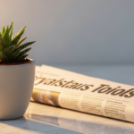 Sunlit succulent in a white ceramic pot beside a rolled newspaper on a marble surface