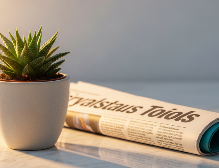 Sunlit succulent in a white ceramic pot beside a rolled newspaper on a marble surface