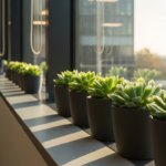 Row of green succulents in gray pots on a sunlit office windowsill, with a city view outside the window.