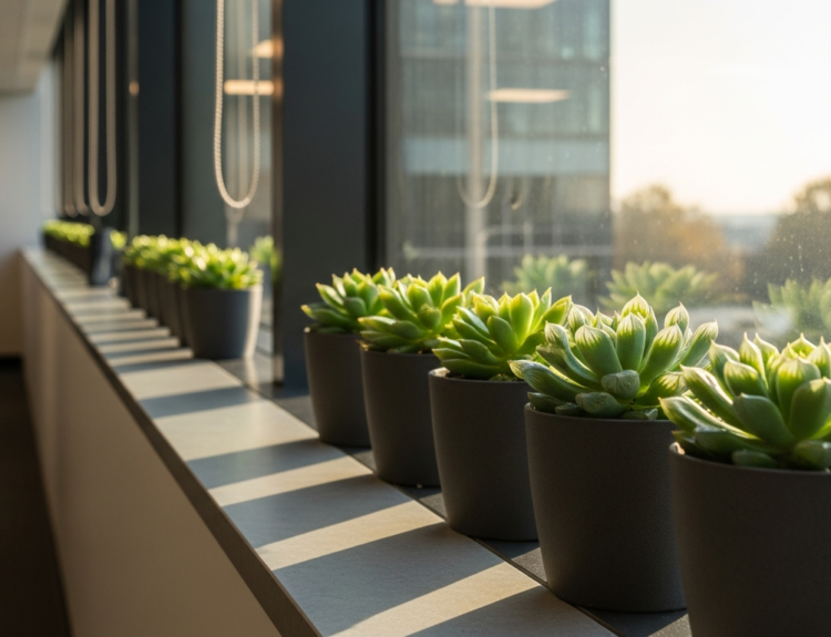 Row of green succulents in gray pots on a sunlit office windowsill, with a city view outside the window.