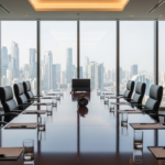Executive boardroom with a long glossy table, black leather chairs, and a city skyline view.