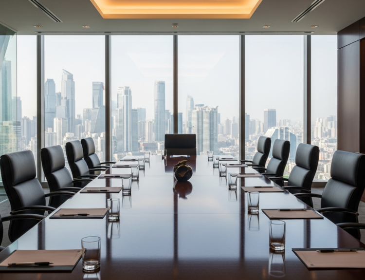 Executive boardroom with a long glossy table, black leather chairs, and a city skyline view.