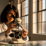 Woman in a lab coat examining specimens through a compound microscope in a sunlit laboratory.