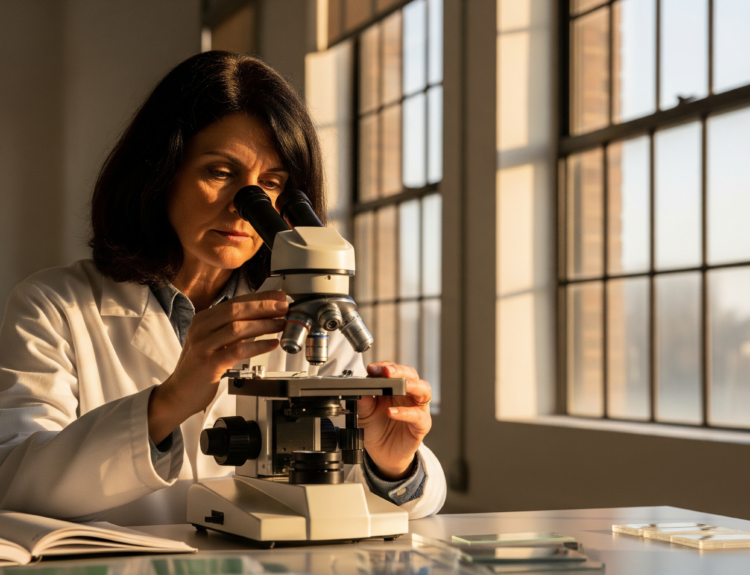 Woman in a lab coat examining specimens through a compound microscope in a sunlit laboratory.