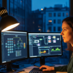 Woman seated at a desk, monitoring four computer monitors displaying data dashboards and flowcharts in a dim blue-lit office.