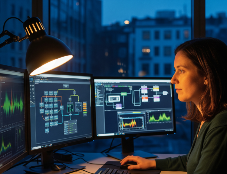 Woman seated at a desk, monitoring four computer monitors displaying data dashboards and flowcharts in a dim blue-lit office.