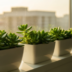 Row of green succulents in white square pots on a sunlit windowsill with a blurred cityscape in the background.