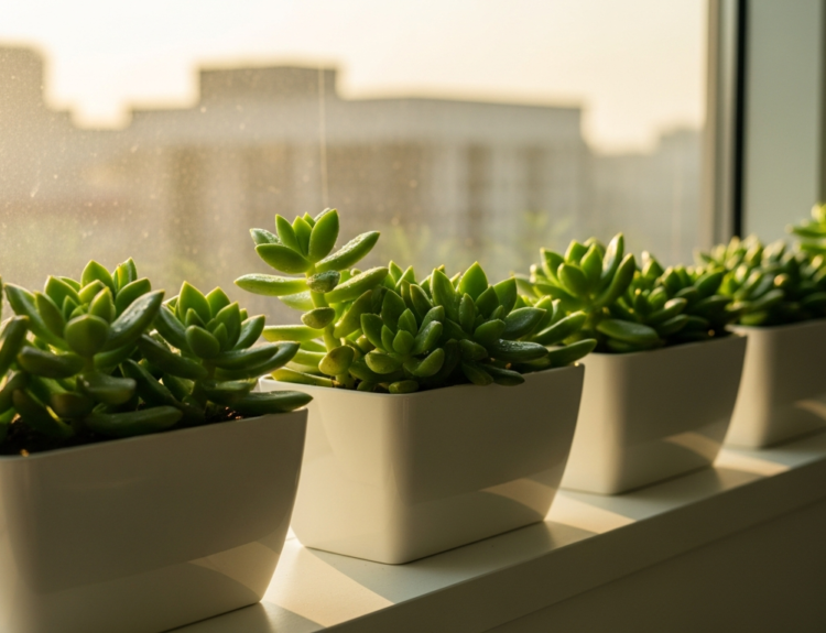 Row of green succulents in white square pots on a sunlit windowsill with a blurred cityscape in the background.