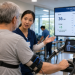 Physical therapist explains gait therapy to a patient on a robotic rehabilitation device, with a monitor showing scores and progress charts on screen.
