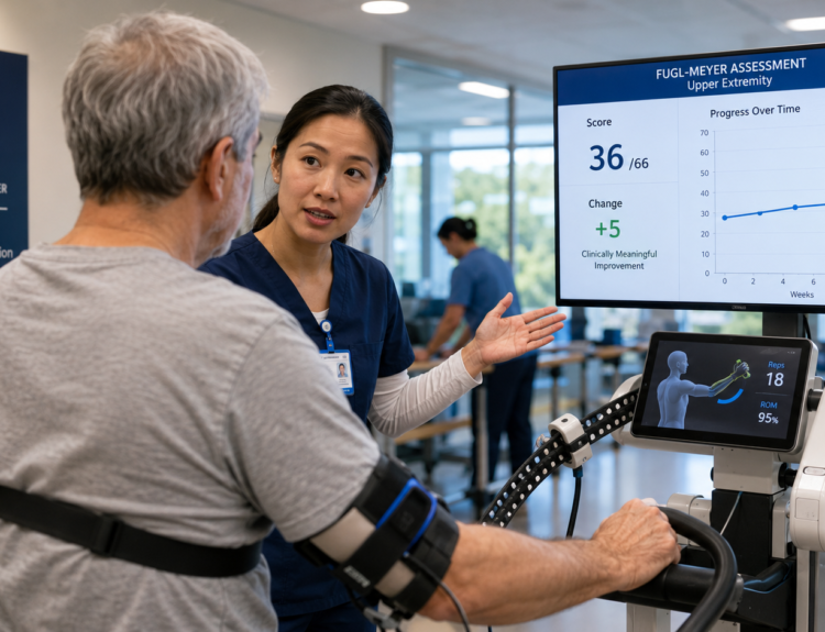 Physical therapist explains gait therapy to a patient on a robotic rehabilitation device, with a monitor showing scores and progress charts on screen.