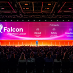 Falcon Agentic Labor branding on a large gradient screen with a presenter on stage and an attentive audience in a dark auditorium.