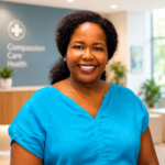 Smiling African American nurse in blue scrubs standing in a healthcare reception area with a Compassion Care Health sign in the background.
