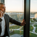 Older man in a gray suit talks on a cellphone by a large window, with a city office park outside at sunset.