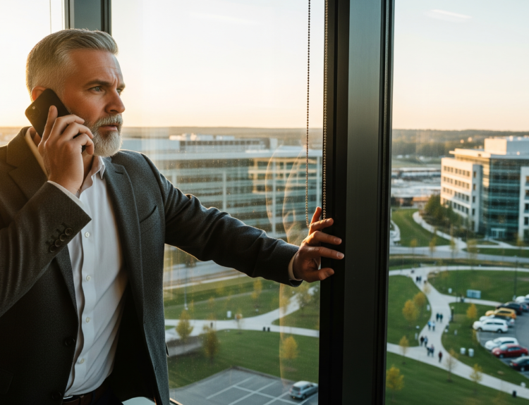 Older man in a gray suit talks on a cellphone by a large window, with a city office park outside at sunset.