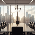 Modern boardroom with a long black conference table and black leather chairs, overlooking a city skyline through floor-to-ceiling windows at sunset/sunlight.