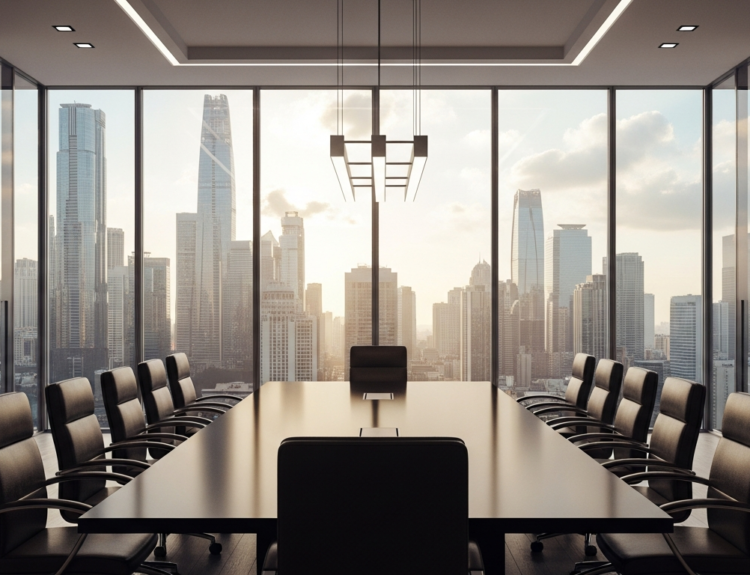 Modern boardroom with a long black conference table and black leather chairs, overlooking a city skyline through floor-to-ceiling windows at sunset/sunlight.