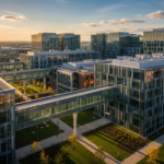 Aerial view of a glass-wall office campus with elevated glass walkway connecting modern buildings at sunset.