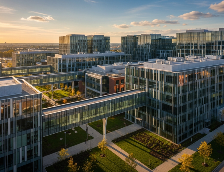 Aerial view of a glass-wall office campus with elevated glass walkway connecting modern buildings at sunset.