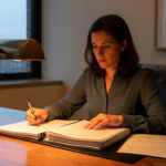 Woman in an office sits at a wooden desk, signing documents under a brass desk lamp with a window in the background.