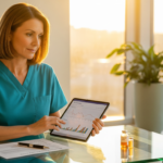 Healthcare professional in teal scrubs reviewing charts on a tablet at a glass desk in a sunlit office.