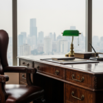 Executive leather chair beside a polished wooden desk with a green banker’s lamp and city skyline view in the background, high-end office.