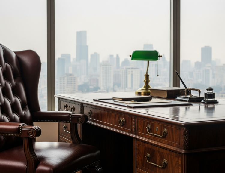 Executive leather chair beside a polished wooden desk with a green banker’s lamp and city skyline view in the background, high-end office.