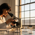 Scientist in a white lab coat looking into a microscope in a sunlit lab.