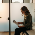 Woman sits on a bench reading a brochure in a calm, plant-filled room with a frosted glass divider behind her.