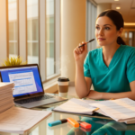 Female healthcare worker in teal scrubs sits at a glass desk with a laptop, coffee cup, and large stacks of papers in a bright hospital hallway.