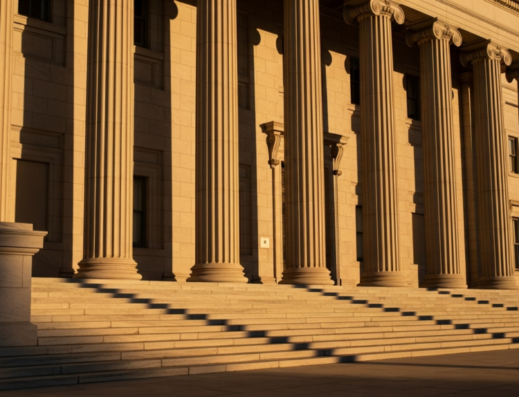 Sunlit stone steps and tall fluted columns of a neoclassical government building at dusk.