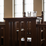 Wooden courtroom podium with two glasses of water on top, bathed in soft light.