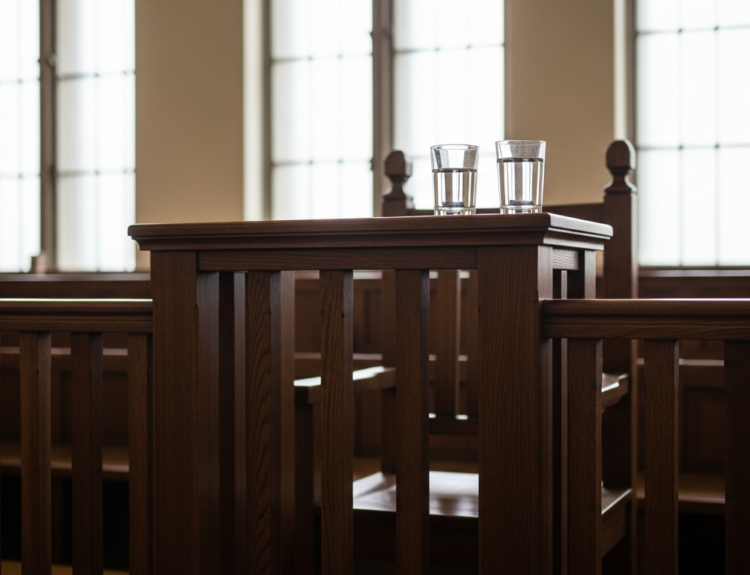 Wooden courtroom podium with two glasses of water on top, bathed in soft light.