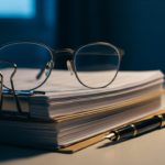 Eyeglasses rest on top of a stack of papers with two pens nearby on a desk under blue lighting.