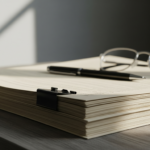 Stack of stacked papers on a desk with a black pen and silver-rimmed glasses resting on top, ready for review.",