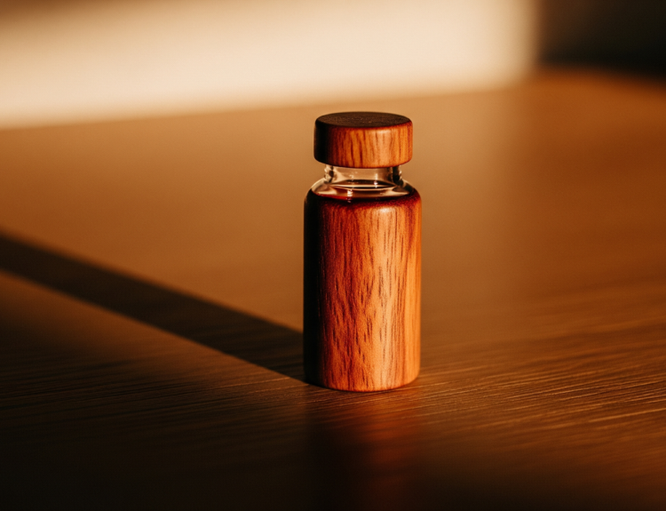 Cinematic still-life of a single medication vial, illustrating Biohaven's opakalim epilepsy program