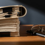 Stack of manila folders clipped with black binder clips on a wooden desk, with reading glasses and a pen nearby.