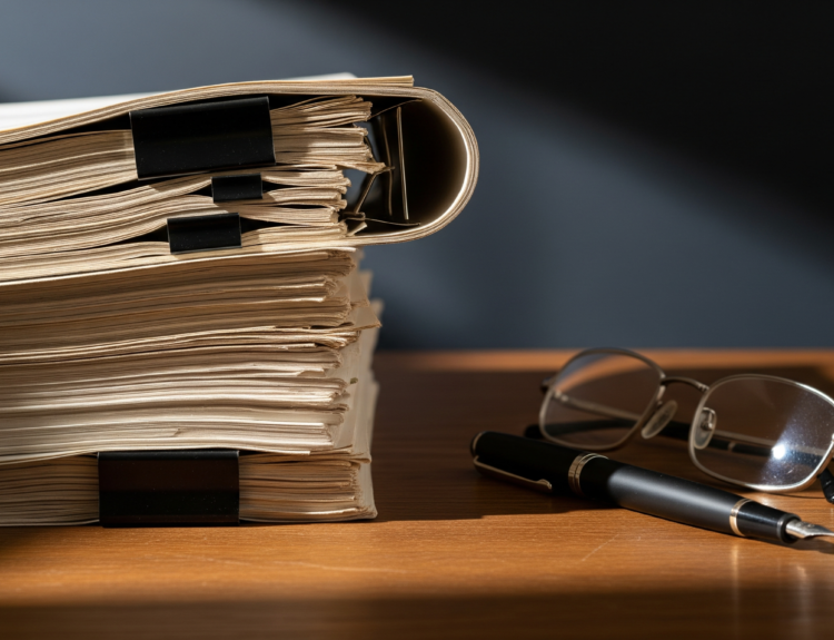 Stack of manila folders clipped with black binder clips on a wooden desk, with reading glasses and a pen nearby.