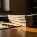 Desk scene with a tall stack of papers clipped together, glasses and a striped fountain pen on a wooden desk.