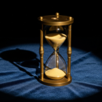 Gold hourglass on blue fabric with sand flowing, dark background.
