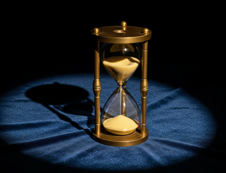 Gold hourglass on blue fabric with sand flowing, dark background.