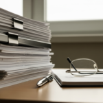 Tall stack of papers with binder clips on a desk, glasses and a notebook nearby by a window.