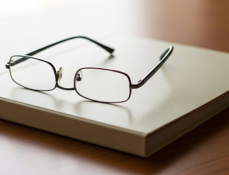 Metal-framed eyeglasses rest on a closed white notebook on a wooden desk.