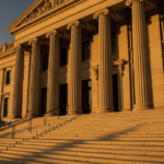 Neoclassical government building with tall columns and broad stone steps bathed in golden sunset light.