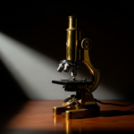 Vintage brass microscope illuminated by a focused spotlight on a wooden table; dark background adds dramatic contrast.