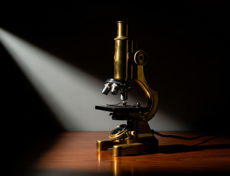 Vintage brass microscope illuminated by a focused spotlight on a wooden table; dark background adds dramatic contrast.