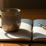 Ceramic mug rests on an open notebook with a brown fountain pen and cap on a sunlit wooden desk.