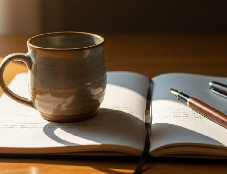 Ceramic mug rests on an open notebook with a brown fountain pen and cap on a sunlit wooden desk.