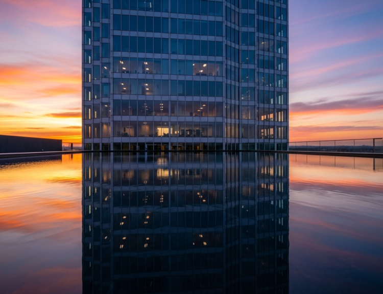 Skyscraper with glass façade at sunset, its lit windows reflected in a calm rooftop pool by the waterline.