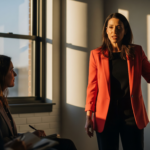 Woman in a coral blazer presenting to a small group, pointing to a projected slide in a sunlit conference room.