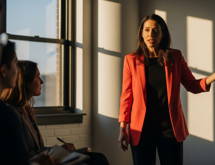 Woman in a coral blazer presenting to a small group, pointing to a projected slide in a sunlit conference room.